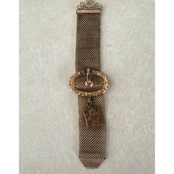F&B antique Victorian 1800s rose gold filled mesh watch chain fob brooch pin - Picture 2 of 9